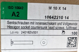 M10 x 14mm Socket Head Countersunk Screw in A2 Stainless - box 100