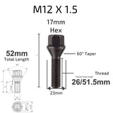 M12 x 1.5 Tapered / Length 26mm Alloy Wheel Bolts 17mm Hex Pre 2012 BMW [Black]